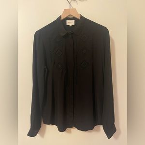 Sezane embroidered black silk blouse sz6